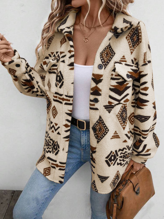 Geometric Button Up Dropped Shoulder Jacket