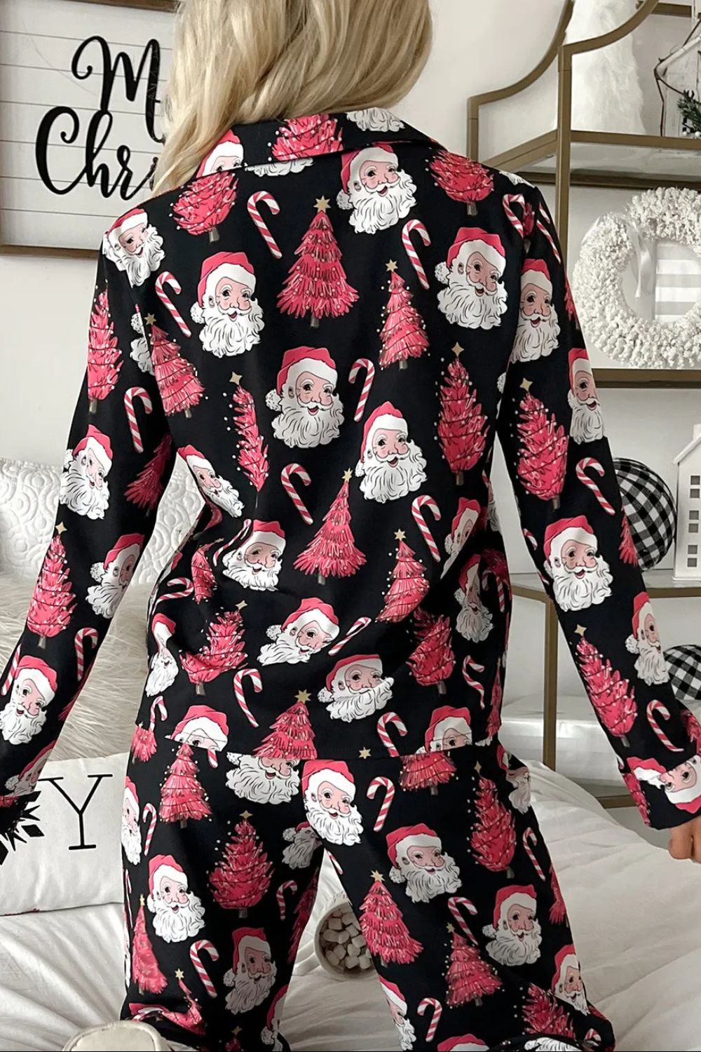 Christmas Printed Collared Neck Top and Pants Lounge Set