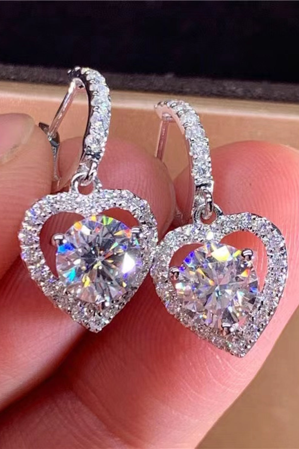 2 Carat Moissanite Platinum-Plated Heart Drop Earrings